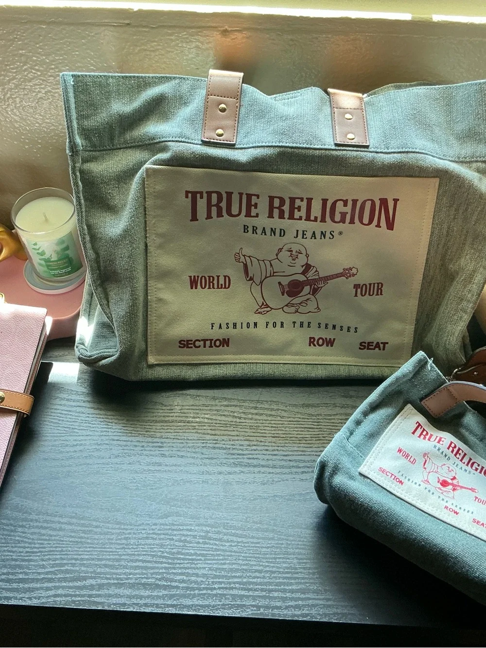 True Religion Jean Canvas Duffel Tote with Leather Accents